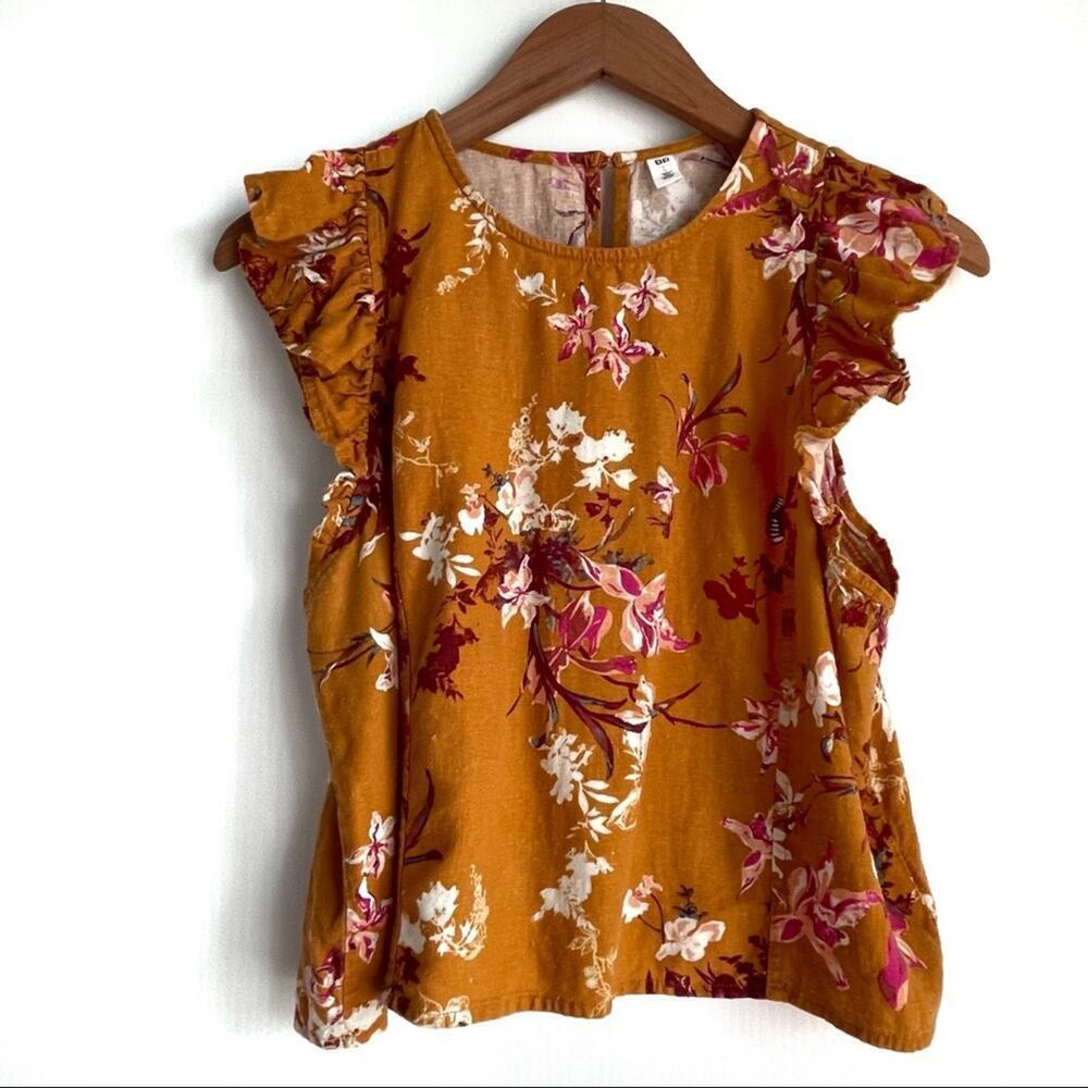 BP Nordstrom floral ruffle cap sleeve top sz Large yellow w/ floral print